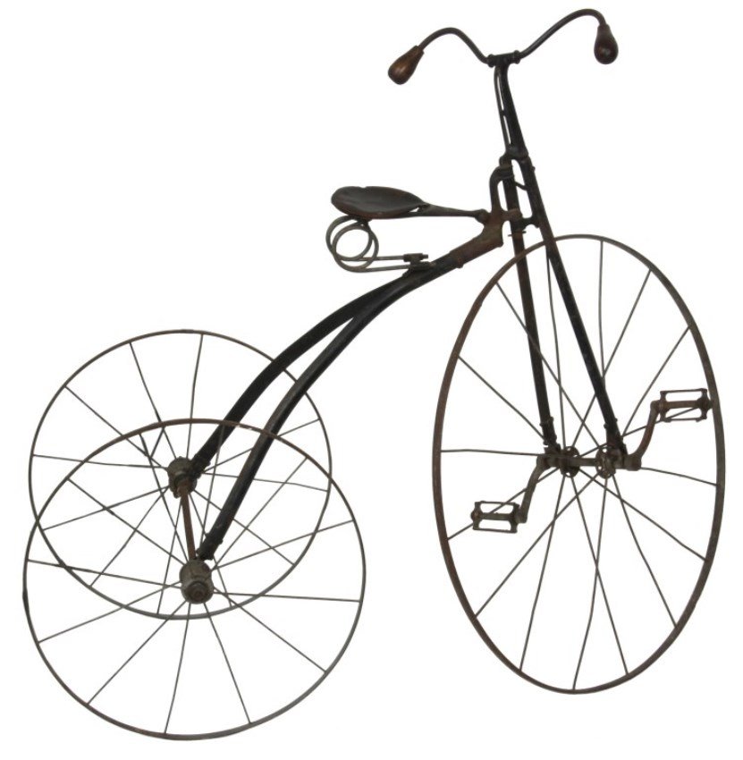 C.F. Rice Iron Velocipede Tricycle: C.F. Rice No. 18 Iron Velocipede Tricycle, c. 1900-1910. 26 in. spoked iron front wheel and 18 in. rear wheel, has an iron A-shaped frame with curled handlebars having turned wood grips and a leather 