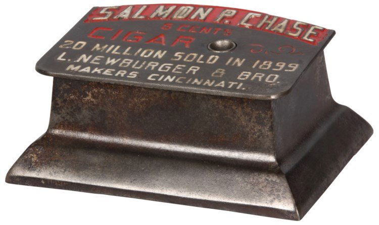 Salmon P. Chase Table Top Cigar Cutter: Cast Iron Counter Top Spring Driven Cigar Cutter Advertising for Salmon P. Chase. Made by Brunhoff Mfg. Co., Hamilton, Ohio, c.1910. In good working condition with nice original paint. 3 in. high x 7
