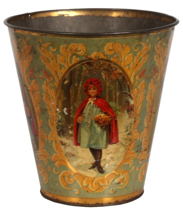 Little Red Riding Hood Sand Pail: Early Little Red Riding Hood Sand Pail, c.1900. Tin pale has a conical form with 4 oval scenic panels depicting scenes from the "Little Red Riding Hood" fairy tail with filigree decorated borders arou