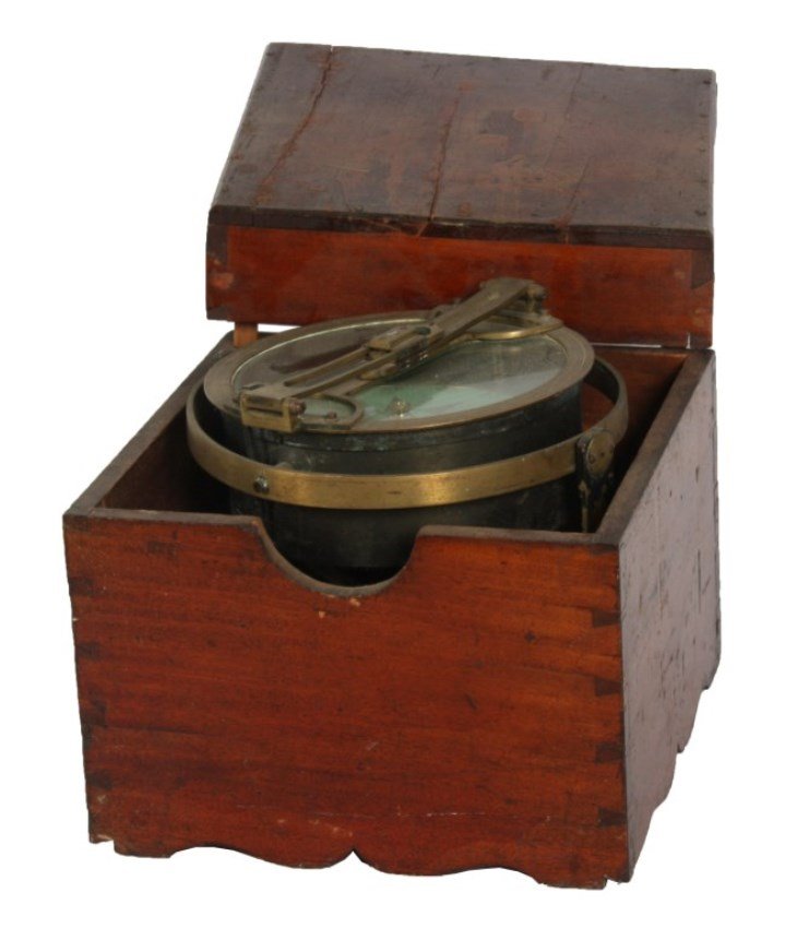 Robert Merrill Boxed Dry Card Compass: Robert Merrill Boxed Dry Card Compass. Mahogany dovetailed case with gimballed brass compass having a 6.5 in. green and black paper label for Robert Merrill, New York and silvered vernier along the ou