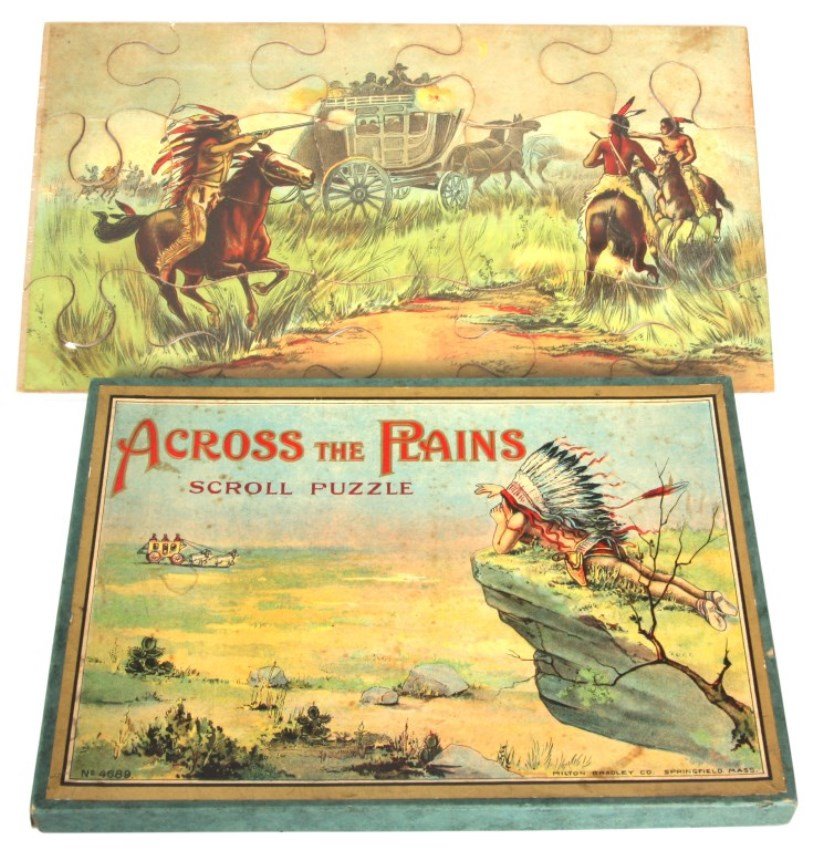 "Across The Plains" Milton Bradley Puzzle W/ Box: "Across The Plains" Milton Bradley Scroll Puzzle W/ Box. Puzzle is pieced together on a board and shrink-wrapped for protected display, 12.25 wide x 6.75 in. high. Box is in very good condition with s