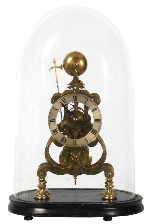 Brass Fusee Skeleton Clock: Brass Fusee Skeleton Clock. 5 in. silvered chapter ring with black painted Roman hour numerals and pierced black hands; 8 day single fusee skeletonized movement has a recoil escapement with fancy scro