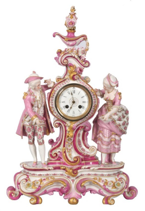 French Figural Porcelain Mantle Clock: French Figural Porcelain Mantle Clock. Beautiful high gloss porcelain case in white and pink with gilt, floral and filigree highlights; French figure of a man and a woman standing on either side of th