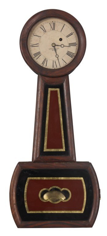 E. Howard No. 5 Banjo Clock: E. Howard No. 5 Banjo Clock. 7 in. painted metal dial, has black Roman hour numerals, signed E. Howard & Co. Boston, open moon hands; brass weight driven movement signed E. Howard & Co. Boston, has re