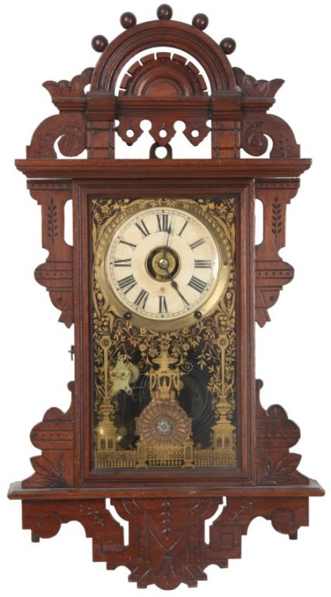 Seth Thomas Eclipse Wall Clock.: Seth Thomas Eclipse Wall Clock w/ Alarm. 5 in. paper dial with black Roman hour numerals, brass bezel & open center with brass alarm indicator disc, spade hands; 8 day brass spring driven movement No.