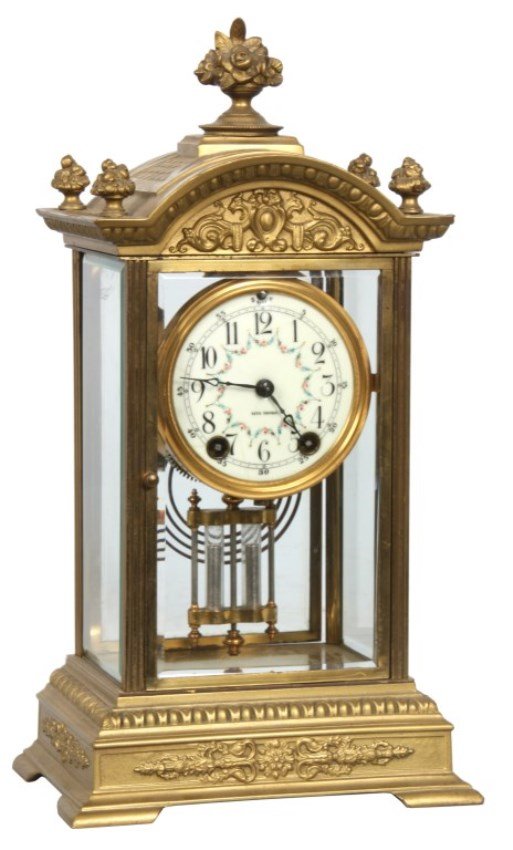 Seth Thomas Crystal Regulator – Empire No. 19: Seth Thomas Crystal Regulator – Empire No. 19. 4 in. porcelain dial with black hour numbers, 5 minute numbers outside and floral garland decoration inside, signed Seth Thomas, has pierced black hand