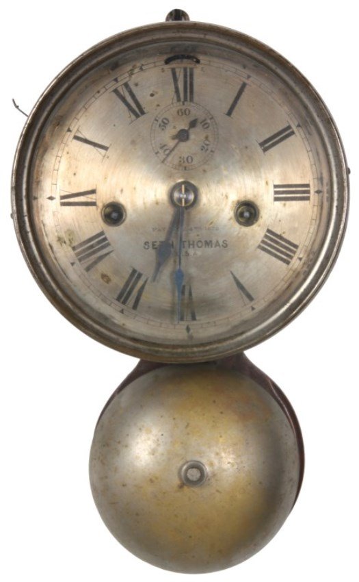 Seth Thomas Ships Bell Lever Clock: Seth Thomas Ships Bell Lever Clock. 6 in. silvered dial with painted black Roman hour numerals, sub seconds dial, blued spade hands and signed Seth Thomas U.S.A., brass spring driven one day movement