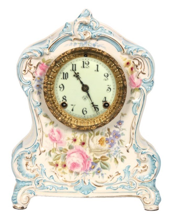 Ansonia & Royal Bonn China Clock – La Clair: Ansonia & Royal Bonn China Clock – La Clair. Original 4 in. porcelain dial with black hour numbers, signed with Ansonia trade mark, brass bezel with beveled door glass; brass 8 day spring driven mov