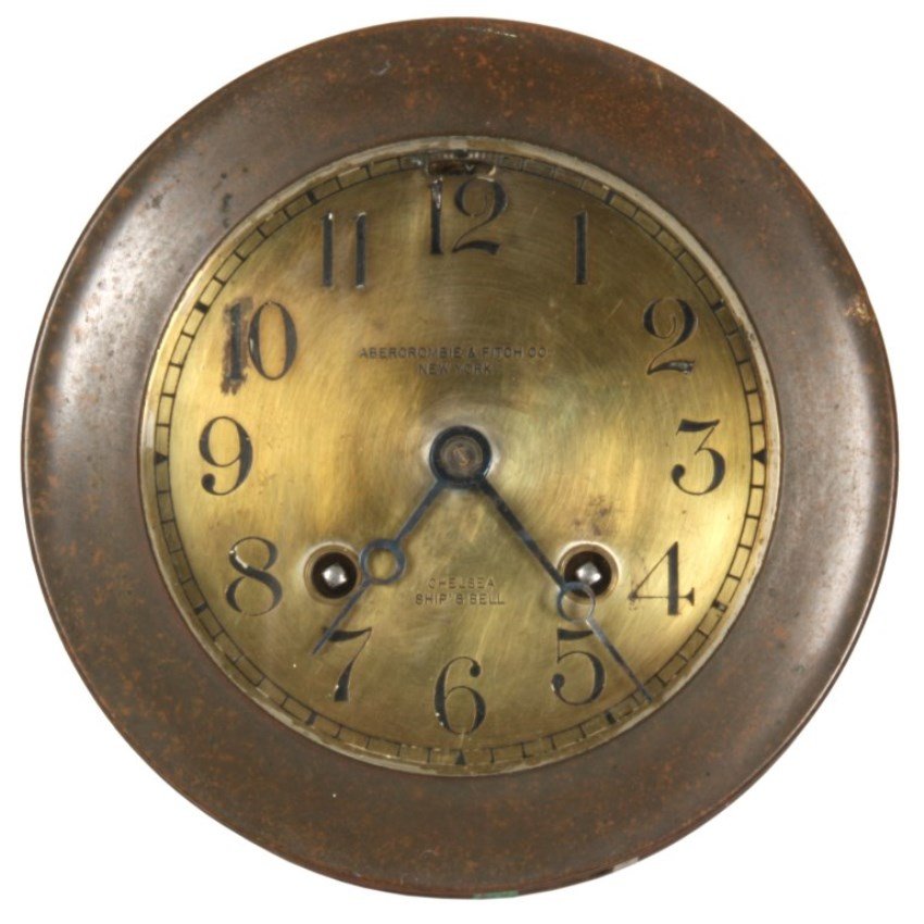 Chelsea 8 Day Ships Bell Mantle Clock: Chelsea 8 Day Ships Bell Mantle Clock. Blued open moon hands, silvered 4 in. dial with incised Arabic numerals & minute markers, balance regulator, signed – Abercrombie & Fitch Co. New York - Chelse