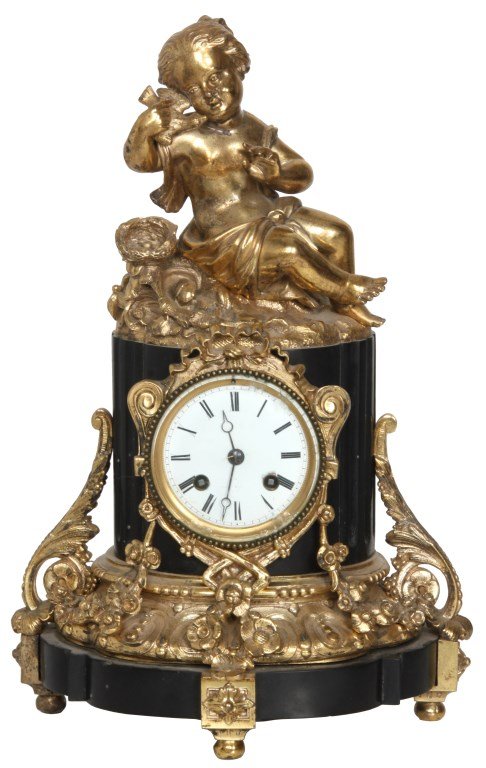 French Figural Bronze & Marble Clock: French Figural Bronze & Marble Mantle Clock. Dore bronze seated figure of a young girl beside a birds nest, she has a robe wrapped around her waist and tends to the bird on her right shoulder; black m