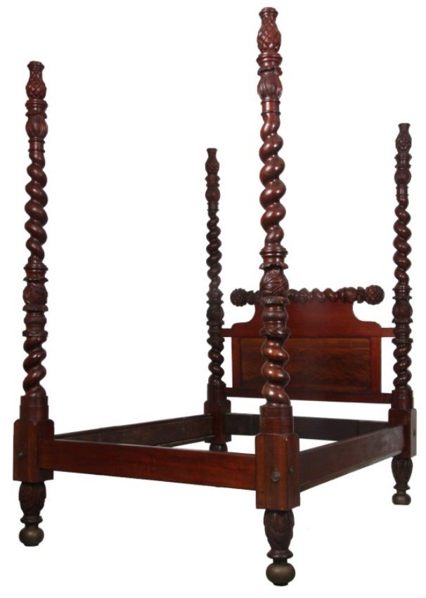 Acanthus Carved Mahogany 4 Poster Bed: Full Sized Acanthus Carved Mahogany Spiral Turned 4 Post Bed. The long posts have alternating pineapple and leaf carving at the tops with a long spiral turned sections running down to the brass feet, 