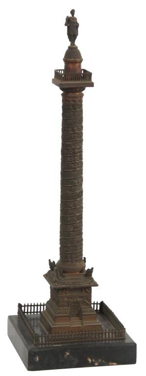 Napoleon Bronze Vendome Column: Napoleon Bronze Vendome Column. Quality model of the Vendome column has a continuous band decorated in relief with military groups going up the column and finial top with standing figure of Napoleon. 