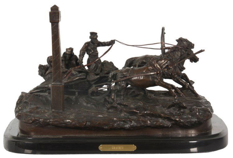 Vasily Grachev Bronze Grouping Winter Troika: Vasily Yakovlevich Grachev (1831-1905, Russian) Winter Troika. Bronze winter scene depicting a troika drawn by a team of 3 horses driven by a standing man. A man and woman are seated in the back of th