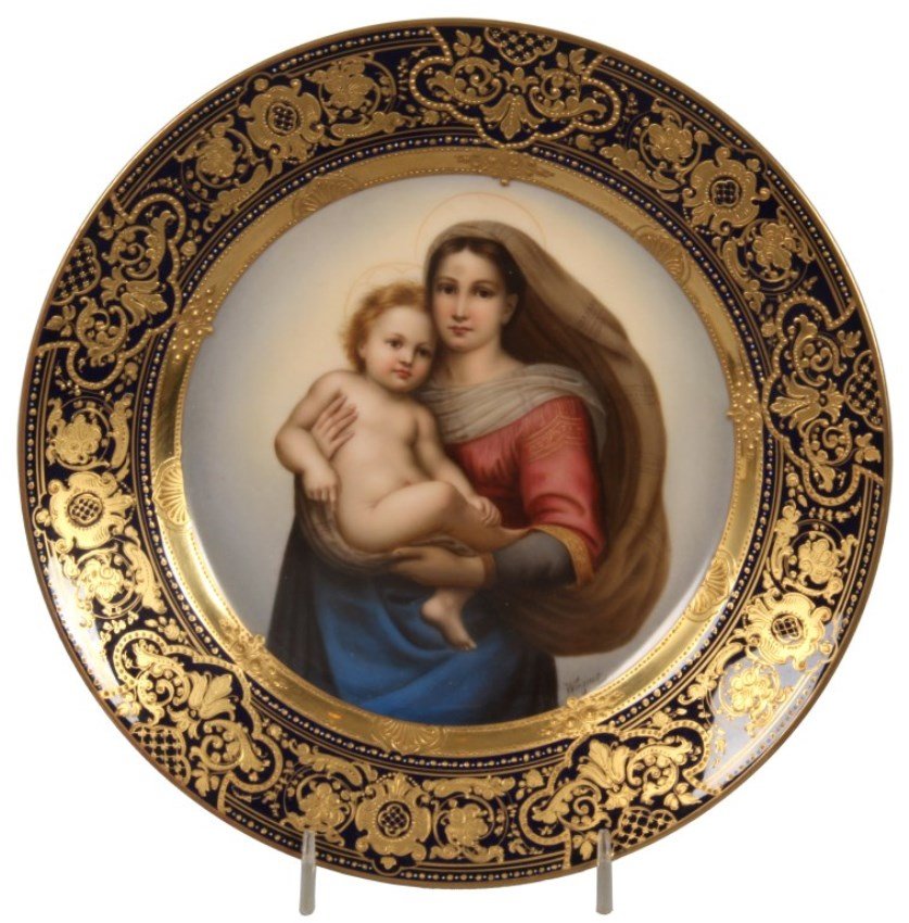 Royal Vienna Portrait Plate Madonna & Child: Royal Vienna Portrait Plate – Echo. 9.5 in. Gilt and enamel decorated borders on a cobalt blue background; classic center portrait of Madonna & Child (After Raphael), signed on back with the blue be