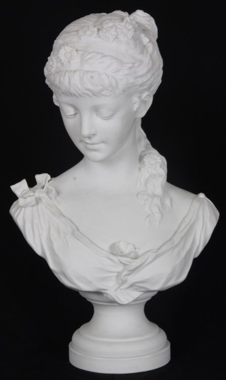 Parian Bust of Woman Signed G. Levy: Parian Bust of A Young Woman Signed G. Levy. The beautiful woman has her long hair pulled back, tied in a bow resting on her left shoulder and decorated with flowers; her head is turned slightly to he