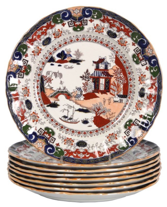 8 Mason's Ironstone Imari Plates: 8 Mason's Ironstone Imari Plates. 10. in. dia. plates have a raised lobed edge, decorated with a colorful red, green and blue scenic pattern. Signed with Mason's crown & banner mark on the bottom. No 