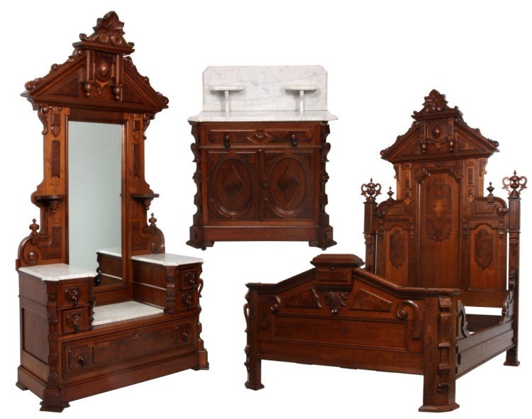 3 Pc. Carved Walnut M.T. Bed Set: Carved Walnut 3 Pc. Marble Top Bedroom Set. Bed has a tall crest on the headboard with shell and scroll carvings, filigree carving along the sides of the crest, raised burled panels and teardrop finia