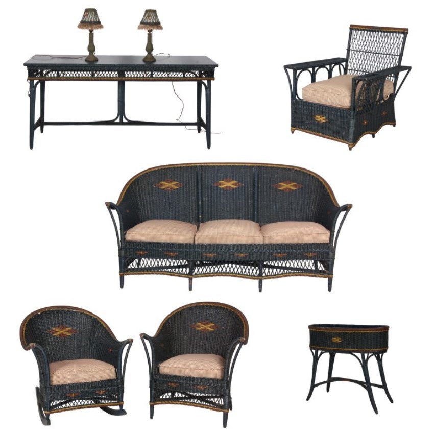 8 Pc. Jordan-Wakefield Wicker Parlor Set: 8 Pc. Jordan-Wakefield Wicker Parlor Set. Wicker set is original blue painted surface red-brown rails and yellow highlights, includes sofa, armchair, armchair w/ magazine slot, rocker, sofa table, fer