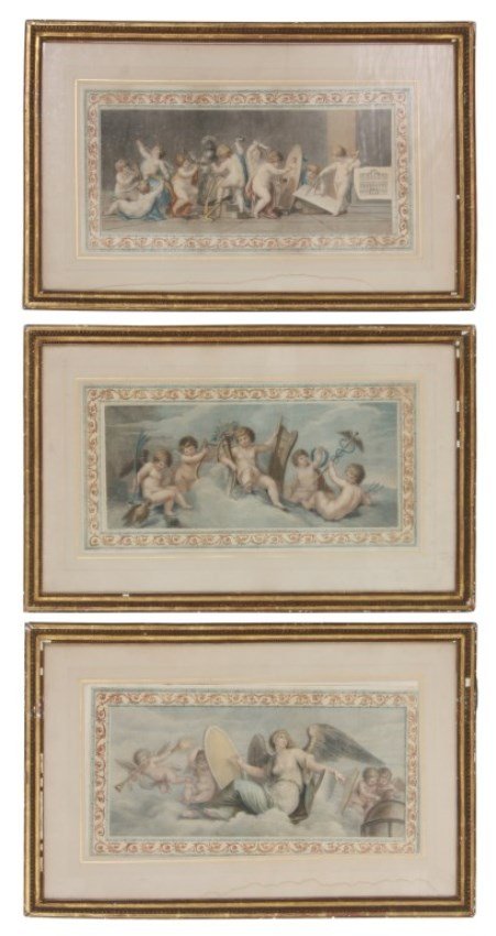 3 F. Bartolozzi 18th Century Engravings: 3 F. Bartolozzi 18th Century Engravings. 3 hand colored stipple engravings produced by Francesco Bartolozzi, published by Mariano Bovi and original image after Giovanni Battista Cipriani; Titled Histo
