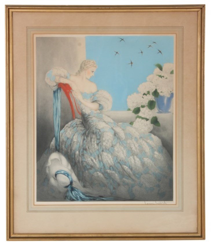 Louis Icart Drypoint Etching – Symphony In Blue: Louis Icart Drypoint Etching – Symphony In Blue. Figure of a woman wearing an elegant flowery dress with bonnet on the floor beside her, her arm propped on the back of a chair and a case of flowers 