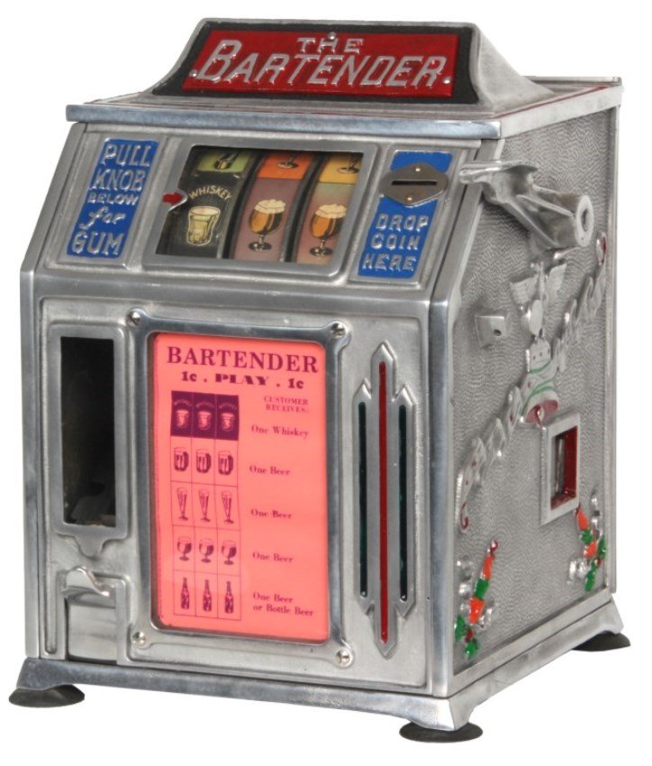 Groetchen 1 Cent Trade Stimulator – The Bartender: Groetchen 1 Cent Trade Stimulator – The Bartender. 1 cent 3 reel type trade stimulator slot machine by Groetchen Tool Mfg. Co., Chicago, IL. Cast aluminum case with bell and eagle on the sides and b
