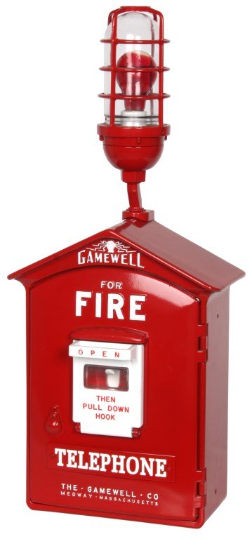 Gamewell Fire Dept. Telephone Call Box: Gamewell Fire Dept. Telephone Call Box. Enamel painted red box has a roof shaped top with hinged front door and red light on top; the door reads "For Fire, Telephone" and "The Gamewell Co., Medway, Ma