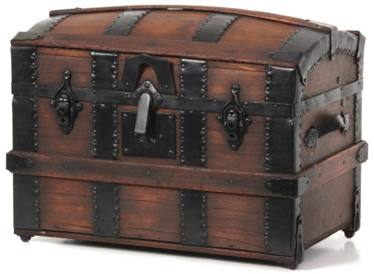 Dome Top Dolls Trunk: Dome Top Dolls Trunk. Poplar wood strapped construction with black painted fancy brass straps, mounts hinges and latch, leather handles on the sides, stands on castors. The interior has a removable tr