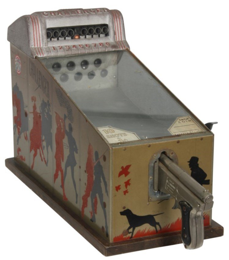Challenger 1 Cent Coin-Op Shooter Arcade Game: Challenger 1 Cent Coin-Op Shooter Arcade Game. By the A.B.T. Mfg. Co., has painted wood case with various black & red silhouettes on a gold background, a slanted glass top with shooting gallery having