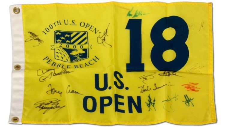 Signed 2000 Pebble Beach U.S. Open Pin Flag: Signed 2000 Pebble Beach U.S. Open Pin Flag. Yellow flag with blue lettering “100th U.S. Open Pebble Beach, 2000 with original signatures for 15 participants including Arnold Palmer, Doug Sandler, H