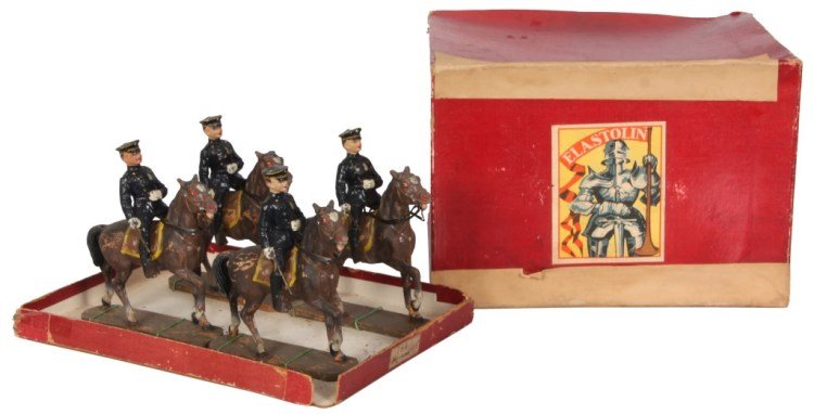 4 Pc. Elastolin Composite Toy Mounted Police: 4 Pc. Elastolin Composite Toy Mounted Police. In original red box with armored knight label signed Elastolin and model number 780, Made in Germany. 4 figural New York City mounted police officers made