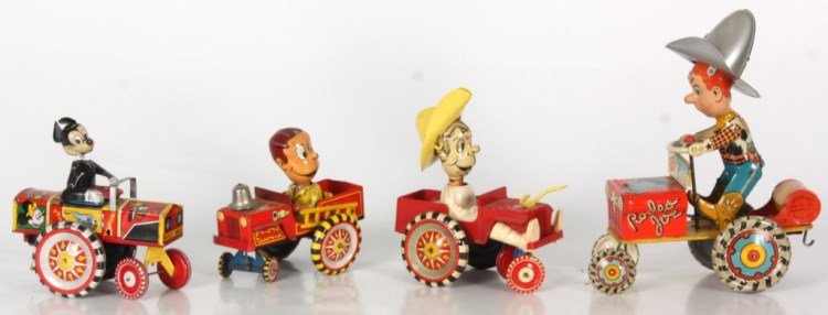 4 Tin Litho Windup Bucking Truck Toys: 4 Tin Litho Windup Bucking Truck Toys. Rodeo Joe by Unique Art Mfg. Co. Inc., Fire Dept. toy ladder tractor by Line Mar, Mickey Mouse bobble head toy car by Line Mar for Walt Disney plus 1 tin litho a
