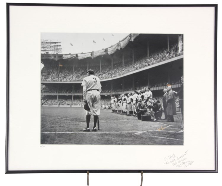 Nat Fein 1948 Babe Bows Out Final Photograph: Nat Fein 1948 Babe Bows Out Final Photograph Taken For The Herald Tribune. Hand signed “To Shel, The Babe Bows Out, Best Wishes, 12-13-92”, hand numbered “205/500” image has gold Nat Fein sign
