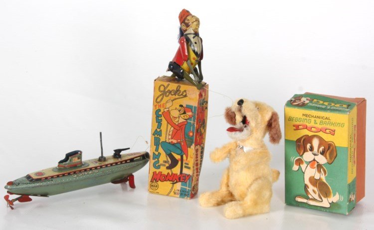 3 Mechanical Windup Toys: 3 Mechanical Windup Toys. San, Vintage Japan tin litho windup submarine S.S.N.25 (not working), 9 in. high. Line Mar Toy Co. Jocko The Climbing Monkey tin litho toy in original box (not working), figu
