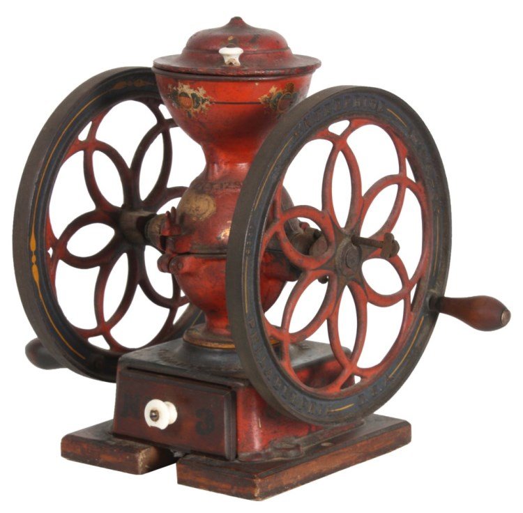Enterprise No. 3 Cast Iron Coffee Grinder: Enterprise No. 3 Cast Iron Coffee Grinder Pierced decorated 10.5 in. dia. wheel with turned wood handles wood base and beautiful original red painted body with stenciling and decals. Signed Enterprise