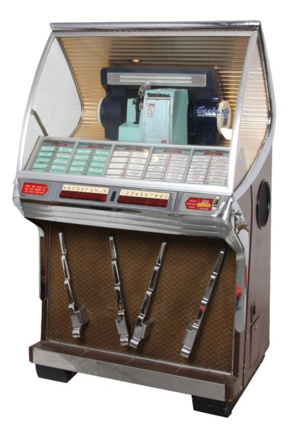 Seeburg Model HF100R Jukebox - 1954: Seeburg Model HF100R Jukebox - 1954. The large curved glass front lid exposes the working mechanics to the Select-O-Matic 100, playing 45’s, has blue painted covers and a ribbed curved back panel, c
