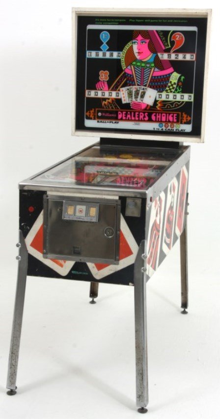William’s Dealers Choice Pinball: William’s Dealers Choice Pinball. c.1973, by Williams Electronics, Chicago, IL. Up to 4 player machine with light up back display having 4 ball counters & 4 scoreboards with 5 reels each; decorated 