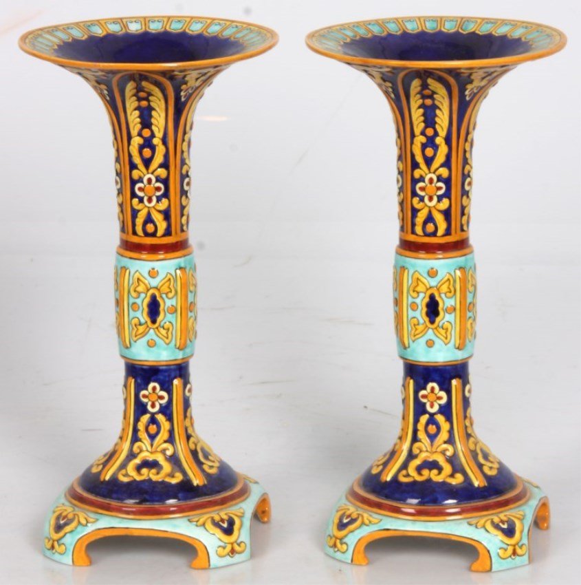 Pr. Signed Gien, Faience Pottery Vases: Pr. Signed Gien, Faience Pottery Vases. 2 tone blue background with gold, red & yellow relief filigree highlights, trumpeted rim and square base with curved feet. In good condition, no chips or hairli