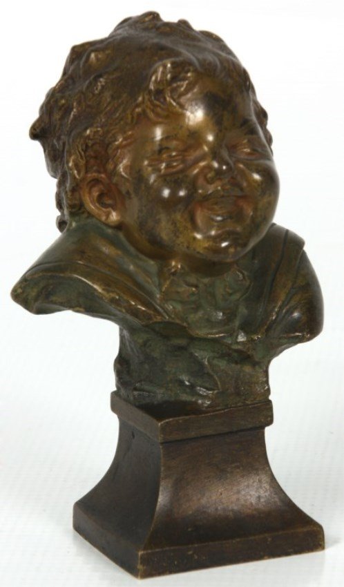 5 in. Juan Clara Child’s Bronze Bust: 5 in. Juan Clara Child’s Bronze Bust of a Laughing Boy. With 2 tone light and dark brown patina, in very good condition, signed Juan Clara with Goldscheider foundry mark and numbered 1422.