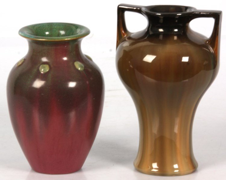 2 Fulper Pottery Vases: 2 Fulper Pottery Vases. Tall vase with cylindrical base and bulbous shoulder with squared handles at the top, dark brown glaze gradating to light brown at the bottom; 8 in. high. Baluster form vase wi