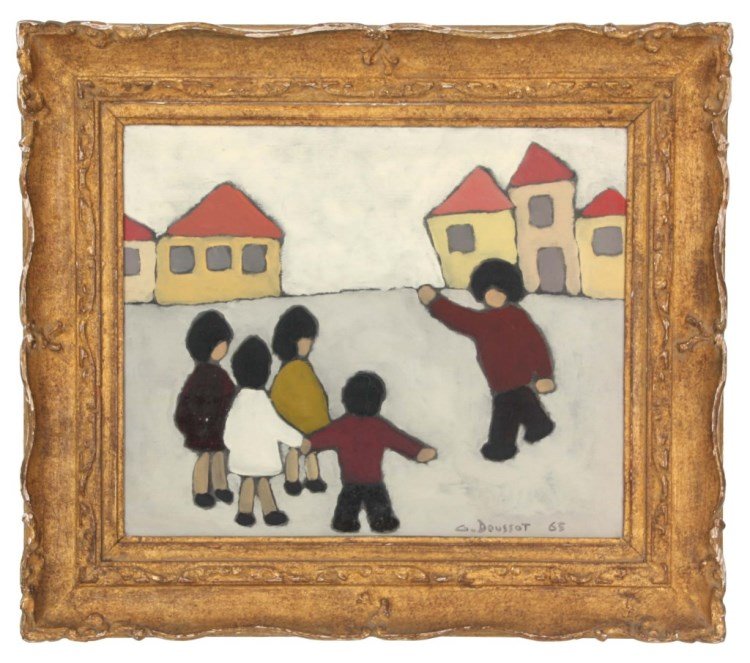 Georges Doussot A/C La Rencontre 1965: Georges Doussot (20th C., France) Acrylic on Canvas Painting Titled La Rencontre (The Encounter), dated 1965. Street scene with buildings in the background, a group of 4 figures stand together as a fi