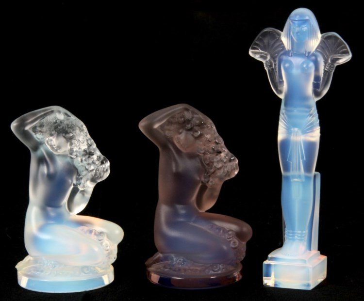 3 Pcs. French Figural Artglass: 3 Pcs. French Figural Artglass. Signed Sabino, Paris standing opalescent glass figure of an Egyptian woman; 5 in. high. Opalescent glass figure of a kneeling nude woman with round base, etched signatu