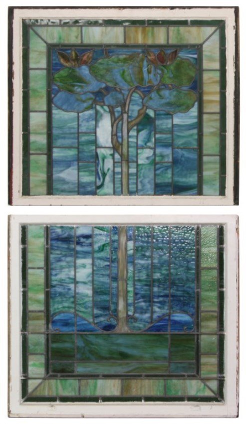 2 Pc. Scenic Leaded Glass Window: 2 Pc. Scenic Leaded Glass Window. Has a 3 row dark green & light green slag border with center scene of a tall standing tree with blue sky background. Panels are in very good condition, each panel mea