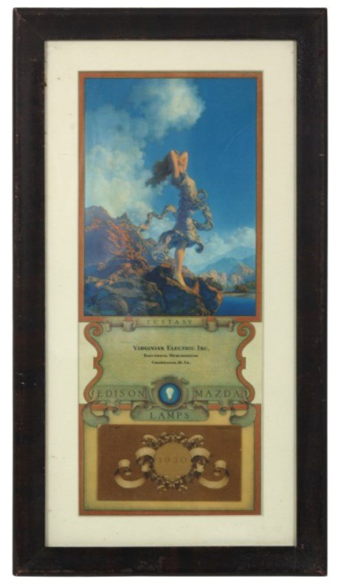 Maxfield Parrish Advertising Calendar: Maxfield Parrish Advertising Calendar. Featuring Parrish’s famous work “Ecstasy” with advertising for “Virginian Electric Inc., Electrical Merchandise, Charleston, W.Va.”, Use Edison Mazda l