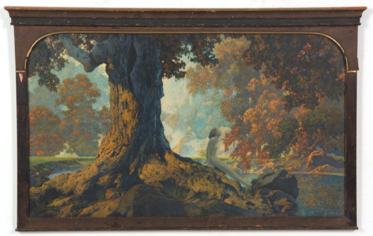 Lg. Framed Maxfield Parrish Print – Dreaming: Lg. Framed Maxfield Parrish Print – Dreaming. Numbered 5771, from the original painting by Maxfield Parrishm, The House of Art, New York, NY. 17.5 in. high x 29.5 in. wide.