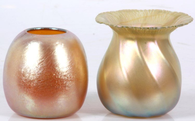 2 Pcs. Durand Iridescent Artglass: 2 Pcs. Durand Iridescent Artglass. Pale gold iridescent bulbous vase with flaring rime, has a twisted rib pattern through the body and crackle edge along the rim, signed Durand with “V” mark and p