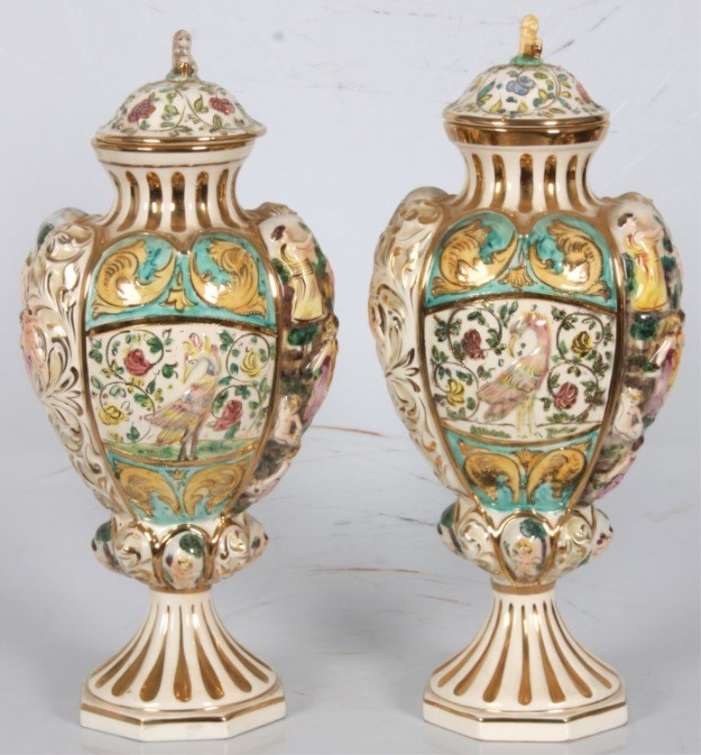 Pr. Capodimonte Luster Covered Vases: Pr. Capodimonte Luster Covered Vases. Hand signed Capodimonte, Italy and numbered 217. No breaks, chips or repairs, 20 in. high.