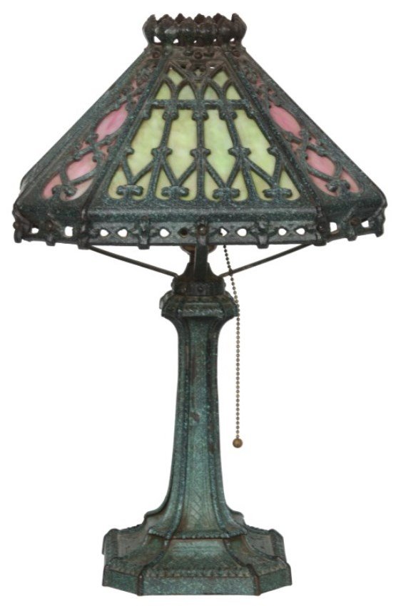 Pittsburgh Overlay Table Lamp: Pittsburgh Overlay Table Lamp. Painted iron base and pyramidal pierced overlay shade in a gothic style. Signed PLB & Co. (Pittsburgh Lamp, Brass & Co.) 20 in. high, 12 in. x 12 in. shade.