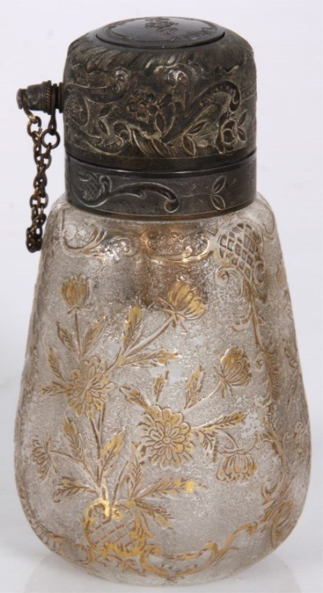 Acid Cut Glass & Silver Plated Incense Pump: Acid Cut Glass & Silver Plated Incense Pump. Perfume bottle with gilt highlights, silver plated collar with spring activated cap releasing the incense. 5 in. high.