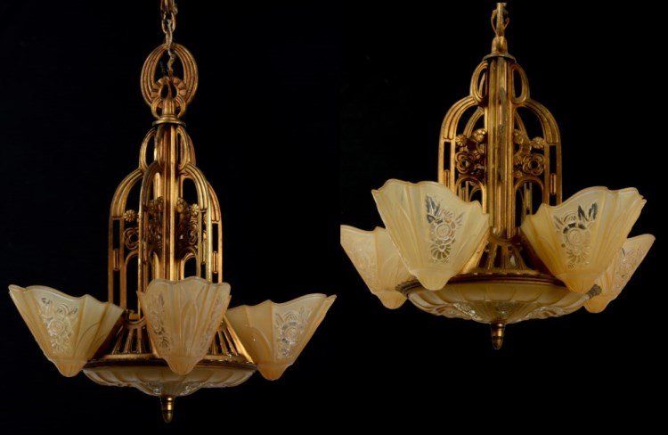 Pr. Deco Signed Lightolier Slip Shade Fixtures: Pr. Deco Signed Lightolier Slip Shade Fixtures. Each with inverted slip shades in satin yellow glass and inverted dome in the base; iron pierced decorated fixtures measure 21 in. high w/o chain x 17 i