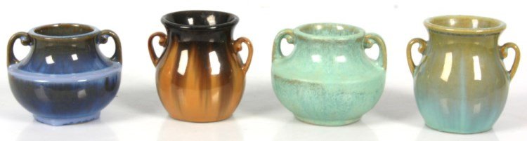 4 Pcs. Fulper Pottery Vases: 4 Pcs. Fulper Pottery Vases. Flambe tiger eye glaze with small handles on the sides, incised numbered 825 & stamped Fulper mark; 3.5 in. high. Pale green vase with handles on the wide shoulder, incise